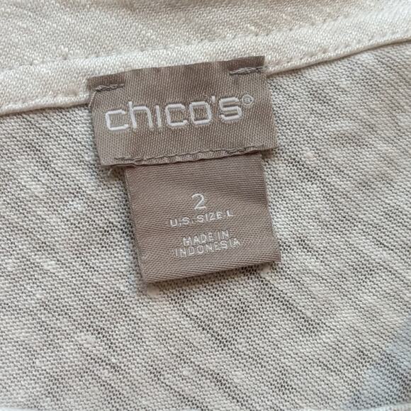 Chico's White Gold Foil Double V Neck Linen Tee Large/2 Beachy Mandala Design - Picture 4 of 13